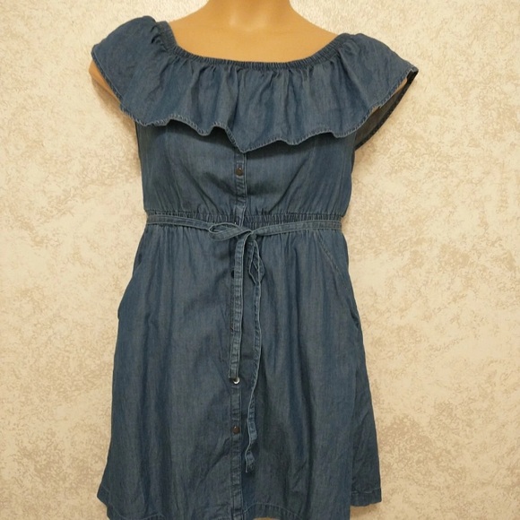Express Faux Denim Off-Shoulder Ruffle Dress - Picture 7 of 12